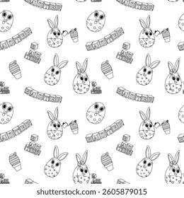 Monochrome Seamless pattern featuring anthropomorphic Easter eggs kids characters with Easter bunny ears, playful faces. Ideal for coloring page, textiles, wrapping paper and festive craft projects.