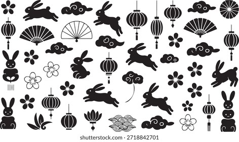 Un patrón monocromo sin fisuras con siluetas negras de conejos en movimiento, linternas, flores, nubes y abanicos, creando un diseño cultural sobre un fondo blanco.