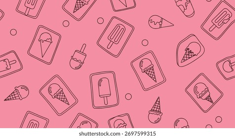 Monochrome seamless pattern featuring charming ice cream cones and popsicles in square frames on a vibrant pink background.
