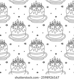 Monochrome seamless pattern featuring hand drawn birthday cakes with candles and small stars. Black and white festive background for design, print.