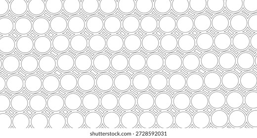 Um padrão monocromático sem costura caracterizando um arranjo intrincado de círculos interconectados e formas de diamante, formando um fundo geométrico visualmente envolvente. O design é limpo e repetitivo.