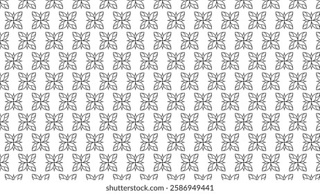 A monochrome seamless pattern featuring line art leaves arranged in symmetry, creating an elegant and floral design, perfect for backgrounds, textiles, or decorative purposes.