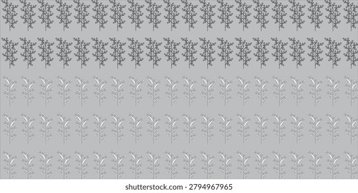 Monochrome seamless pattern featuring repeating stylized trees and floral motifs arranged in horizontal stripes. Subtle vintage texture works well as wallpaper, fabric print, stationery wrap, or background art.

