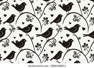 Monochrome seamless pattern featuring silhouettes of small birds perched on swirling branches with hearts and floral accents.