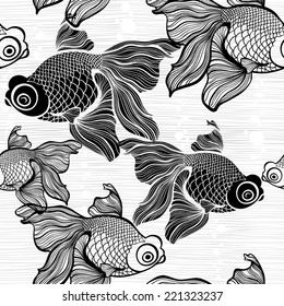 Monochrome seamless pattern with fish. Black and white vector illustration.