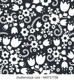 Monochrome seamless pattern with flat flowers. Floral background in vector. Decorative ornament in black and white colors