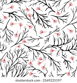 Monochrome seamless pattern . Floral background in trendy minimalistic linear style. Hand drawn outline design for fabric , print, cover, banner and invitation. Not AI Vector illustration.