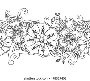 Monochrome seamless pattern floral border isolated on white background.  black and white zentangle hand drawn doodle style. Coloring book for adult and children. Editable vector illustration.