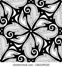 Monochrome Seamless Pattern with Floral Ethnic Motifs. Endless Texture with Abstract Design Elements. Indian, Turkish, Batik, Paisley Garden Style. Coloring Book Page. Vector Contour Illustration