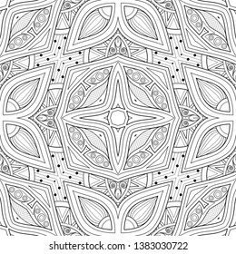 Monochrome Seamless Pattern with Floral Ethnic Motifs. Endless Texture with Abstract Design Elements. Indian, Turkish, Batik, Paisley Garden Style. Coloring Book Page. Vector Contour Illustration