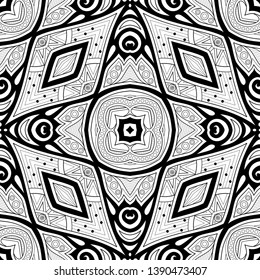 Monochrome Seamless Pattern with Floral Ethnic Motifs. Endless Texture with Abstract Design Elements. Indian, Turkish, Batik, Paisley Garden Style. Coloring Book Page. Vector Contour Illustration