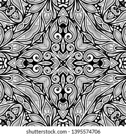 Monochrome Seamless Pattern with Floral Ethnic Motifs. Endless Texture with Abstract Design Elements. Indian, Turkish, Batik, Paisley Garden Style. Coloring Book Page. Vector 3d Contour Illustration