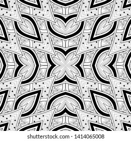 Monochrome Seamless Pattern with Floral Ethnic Motifs. Endless Texture with Abstract Design Elements. Indian, Turkish, Batik, Paisley Garden Style. Coloring Book Page. Vector Contour Illustration