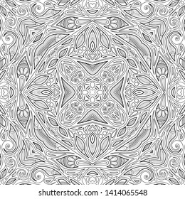 Monochrome Seamless Pattern with Floral Ethnic Motifs. Endless Texture with Abstract Design Elements. Indian, Turkish, Batik, Paisley Garden Style. Coloring Book Page. Vector Contour Illustration