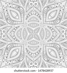 Monochrome Seamless Pattern with Floral Ethnic Motifs. Endless Texture with Abstract Design Elements. Indian, Turkish, Batik, Paisley Garden Style. Coloring Book Page. Vector Contour Illustration
