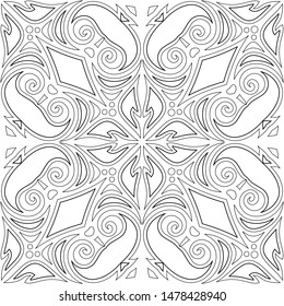 Monochrome Seamless Pattern with Floral Ethnic Motif. Endless Texture with Abstract Design Element. Indian, Turkish, Batik, Paisley Garden Style. Simple Coloring Book Page. Vector Contour Illustration