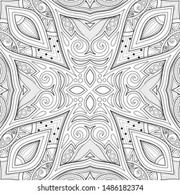 Monochrome Seamless Pattern with Floral Ethnic Motifs. Endless Texture with Abstract Design Elements. Indian, Turkish, Batik, Paisley Garden Style. Coloring Book Page. Vector 3d Contour Illustration