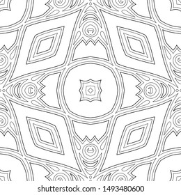 Monochrome Seamless Pattern with Floral Ethnic Motif. Endless Texture with Abstract Design Element. Indian, Turkish, Batik, Paisley Garden Style. Simple Coloring Book Page. Vector Contour Illustration