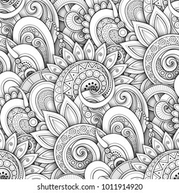 Monochrome Seamless Pattern with Floral Motifs. Endless Texture with Flowers, Leaves etc. Natural Background in Doodle Line Style. Coloring Book Page. Vector 3d Contour Illustration. Abstract Art