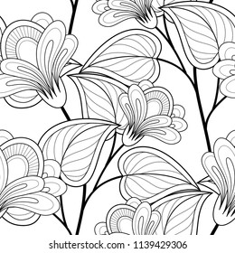 Monochrome Seamless Pattern with Floral Motifs. Endless Texture with Flowers, Leaves etc. Natural Background in Doodle Line Style. Coloring Book Page. Vector Contour Illustration. Abstract Art