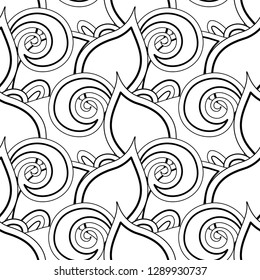 Monochrome Seamless Pattern with Floral Motifs. Endless Texture with Leaves and Swirls. Natural Background in Doodle Style. Simple Coloring Book Page. Vector Contour Illustration. Abstract Ornate Art