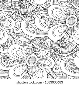 Monochrome Seamless Pattern with Floral Motifs. Endless Texture with Flowers, Leaves etc. Natural Background in Doodle Line Style. Coloring Book Page. Vector Contour Illustration. Abstract Art