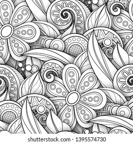 Monochrome Seamless Pattern with Floral Motifs. Endless Texture with Flowers, Leaves etc. Natural Background in Doodle Line Style. Coloring Book Page. Vector 3d Contour Illustration. Abstract Art