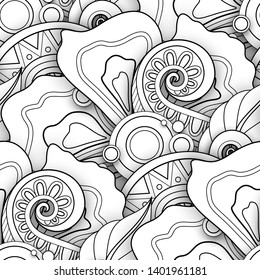 Monochrome Seamless Pattern with Floral Motifs. Endless Texture with Flowers, Leaves etc. Natural Background in Doodle Line Style. Coloring Book Page. Vector 3d Contour Illustration. Abstract Art
