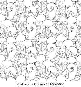 Monochrome Seamless Pattern with Floral Motifs. Endless Texture with Flowers, Leaves etc. Natural Background in Doodle Line Style. Coloring Book Page. Vector Contour Illustration. Abstract Art