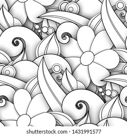 Monochrome Seamless Pattern with Floral Motifs. Endless Texture with Flowers, Leaves etc. Natural Background in Doodle Line Style. Coloring Book Page. Vector 3d Contour Illustration. Abstract Art