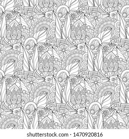 Monochrome Seamless Pattern with Floral Motifs. Endless Texture with Flowers, Leaves etc. Natural Background in Doodle Line Style. Coloring Book Page. Vector Contour Illustration. Abstract Art