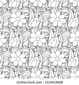 Monochrome Seamless Pattern with Floral Motifs. Endless Texture with Flowers, Leaves etc. Natural Background in Doodle Line Style. Coloring Book Page. Vector 3d Contour Illustration. Abstract Art