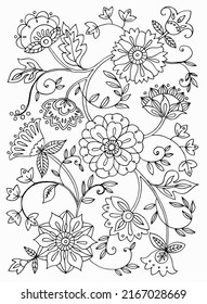 Patrón monocromo sin fisuras con motivos florales. Textura con flores estilizadas, hojas. Fondo natural en estilo de línea de doodle. Coloreando la página del libro. Ilustración del contorno del vector.