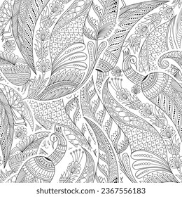 Monochrome Seamless Pattern with Floral Motifs. Endless Texture with Flowers
