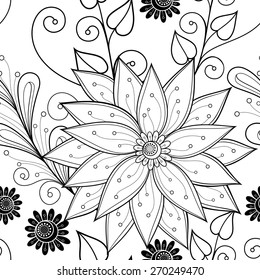 Monochrome Seamless Pattern with Floral Motifs. Endless Texture with Flowers, Leaves etc. Natural Background in Doodle Line Style. Coloring Book Page. Vector Contour Illustration. Abstract Art