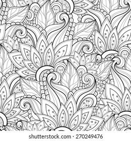 Monochrome Seamless Pattern with Floral Motifs. Endless Texture with Flowers, Leaves etc. Natural Background in Doodle Line Style. Coloring Book Page. Vector Contour Illustration. Abstract Art