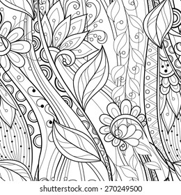 Monochrome Seamless Pattern with Floral Motifs. Endless Texture with Flowers, Leaves etc. Natural Background in Doodle Line Style. Coloring Book Page. Vector Contour Illustration. Abstract Art