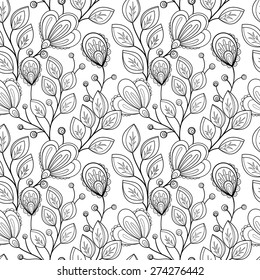 Monochrome Seamless Pattern with Floral Motifs. Endless Texture with Flowers, Leaves etc. Natural Background in Doodle Line Style. Coloring Book Page. Vector Contour Illustration. Abstract Art