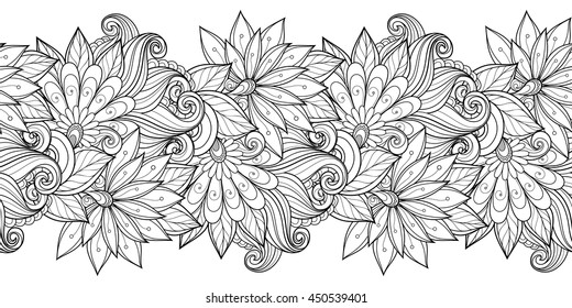 Monochrome Seamless Pattern with Floral Motifs. Endless Texture with Flowers, Leaves etc. Natural Background in Doodle Line Style. Coloring Book Page. Vector Contour Illustration. Abstract Art