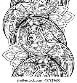 Monochrome Seamless Pattern with Floral Motifs. Endless Texture with Flowers, Leaves etc. Natural Background in Doodle Line Style. Coloring Book Page. Vector Contour Illustration. Abstract Art