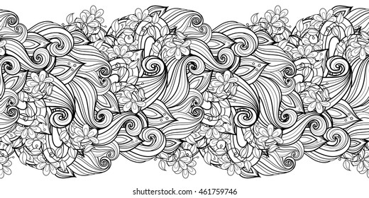 Monochrome Seamless Pattern with Floral Motifs. Endless Texture with Flowers, Leaves etc. Natural Background in Doodle Line Style. Coloring Book Page. Vector Contour Illustration. Abstract Art