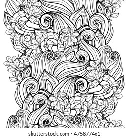 Monochrome Seamless Pattern with Floral Motifs. Endless Texture with Flowers, Leaves etc. Natural Background in Doodle Line Style. Coloring Book Page. Vector Contour Illustration. Abstract Art