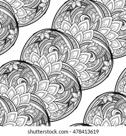 Monochrome Seamless Pattern with Floral Motifs. Endless Texture with Flowers, Leaves etc. Natural Background in Doodle Line Style. Coloring Book Page. Vector Contour Illustration. Abstract Art