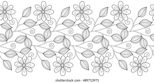 Monochrome Seamless Pattern with Floral Motifs. Endless Texture with Flowers, Leaves etc. Natural Background in Doodle Line Style. Coloring Book Page. Vector Contour Illustration. Abstract Art