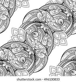 Monochrome Seamless Pattern with Floral Motifs. Endless Texture with Flowers, Leaves etc. Natural Background in Doodle Line Style. Coloring Book Page. Vector Contour Illustration. Abstract Art