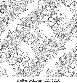 Monochrome Seamless Pattern with Floral Motifs. Endless Texture with Flowers, Leaves etc. Natural Background in Doodle Line Style. Coloring Book Page. Vector Contour Illustration. Abstract Art