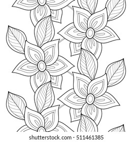 Monochrome Seamless Pattern with Floral Motifs. Endless Texture with Flowers, Leaves etc. Natural Background in Doodle Line Style. Coloring Book Page. Vector Contour Illustration. Abstract Art