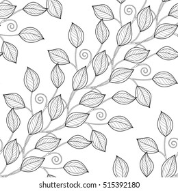 Monochrome Seamless Pattern with Floral Motifs. Endless Texture with Flowers, Leaves etc. Natural Background in Doodle Line Style. Coloring Book Page. Vector Contour Illustration. Abstract Art