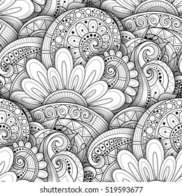 Monochrome Seamless Pattern with Floral Motifs. Endless Texture with Flowers, Leaves etc. Natural Background in Doodle Line Style. Coloring Book Page. Vector 3d Contour Illustration. Abstract Art