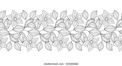 Monochrome Seamless Pattern with Floral Motifs. Endless Texture with Flowers, Leaves etc. Natural Background in Doodle Line Style. Coloring Book Page. Vector Contour Illustration. Abstract Art